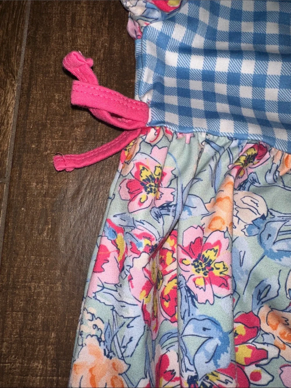 Girls Blue Gingham & Pink Floral Dress